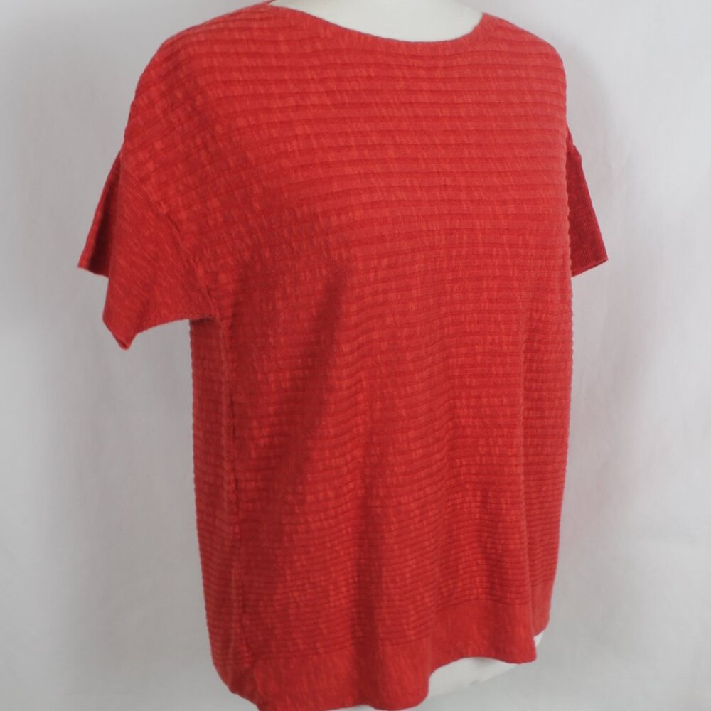 EILEEN FISHER Knit Blouse Woman Size Medium Orange Short Sleeve Ribbed Relax Fit